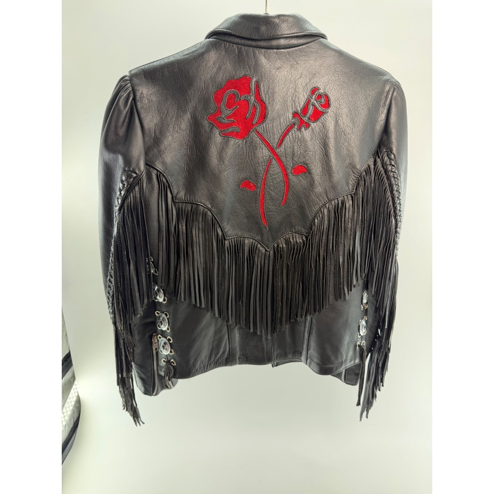 Vintage First Genuine Leather Rose Fringe Western Moto Jacket Black Womens 8-10